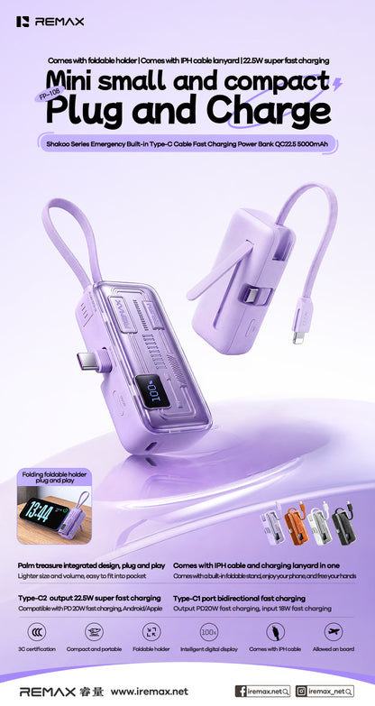 REMAX Built-in Type-C Cable Fast Charging Power Bank QC22.5 5000mAh - FP-108