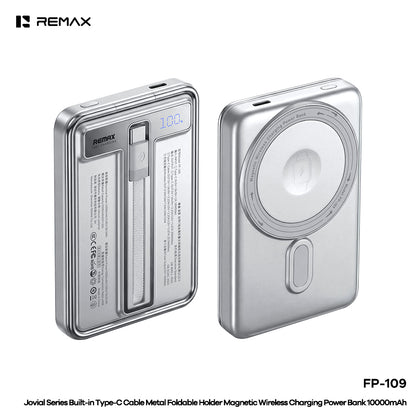 REMAX Built-in Type-C Cable Metal Foldable Holder Magnetic Wireless Charging Power Bank QC22.5W 10000mAh - FP-109