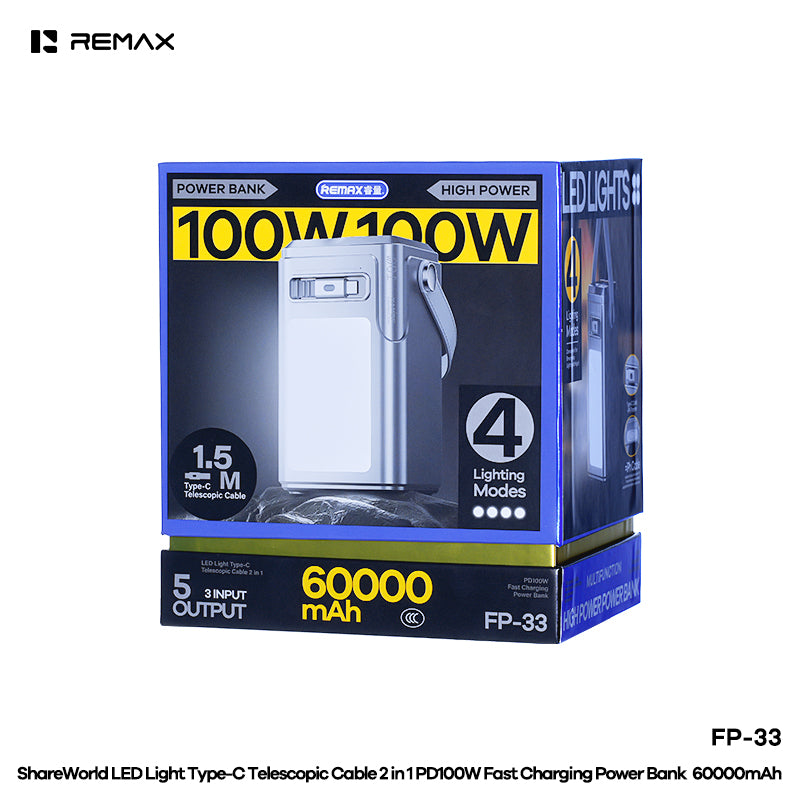 REMAX LED Light Type-C Telescopic Cable 2 in 1 PD100W Fast Charging Power Bank 60000mAh - FP-33
