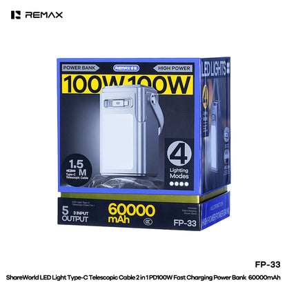 REMAX LED Light Type-C Telescopic Cable 2 in 1 PD100W Fast Charging Power Bank 60000mAh - FP-33