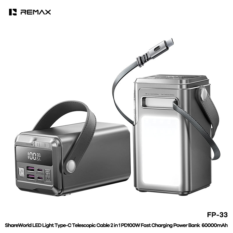 REMAX LED Light Type-C Telescopic Cable 2 in 1 PD100W Fast Charging Power Bank 60000mAh - FP-33