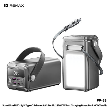 REMAX LED Light Type-C Telescopic Cable 2 in 1 PD100W Fast Charging Power Bank 60000mAh - FP-33