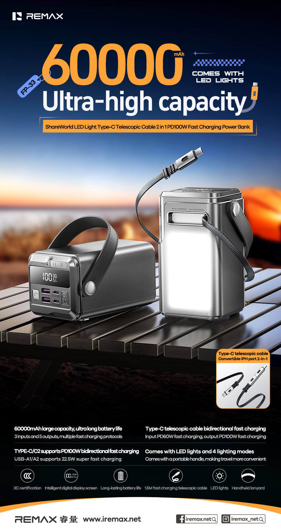 REMAX LED Light Type-C Telescopic Cable 2 in 1 PD100W Fast Charging Power Bank 60000mAh - FP-33