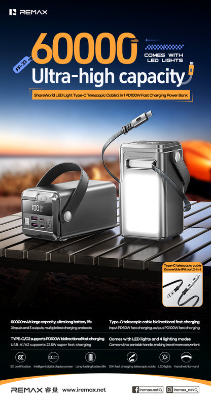 REMAX LED Light Type-C Telescopic Cable 2 in 1 PD100W Fast Charging Power Bank 60000mAh - FP-33