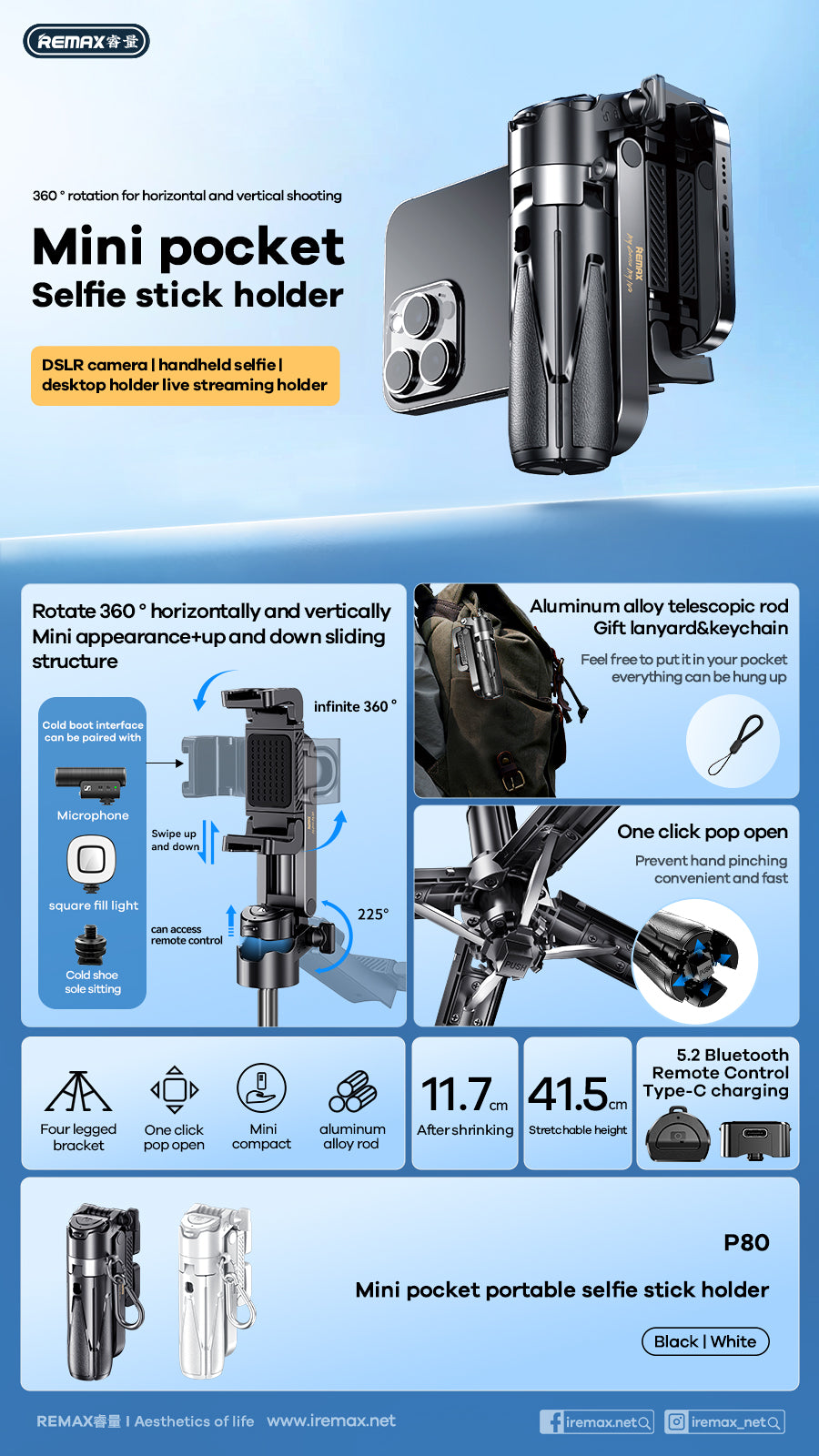 REMAX Mini Pocket Magnetic Selfie Stick Holder - P80