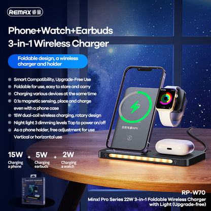 REMAX Minxl Pro Series 22W 3-in-1 Foldable Wireless Charger with Light - RP-W70