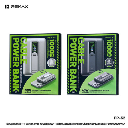 REMAX TFT Screen Type-C Cable 360°Holder Magnetic Wireless Charging Power Bank PD40W 10000mAh - FP-52