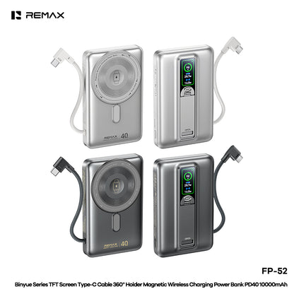 REMAX TFT Screen Type-C Cable 360°Holder Magnetic Wireless Charging Power Bank PD40W 10000mAh - FP-52
