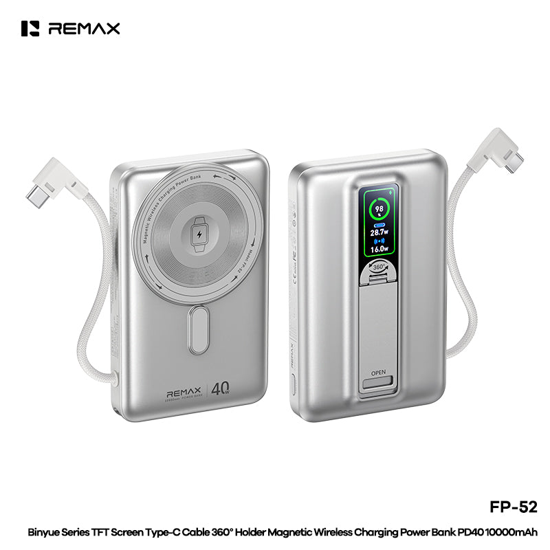 REMAX TFT Screen Type-C Cable 360°Holder Magnetic Wireless Charging Power Bank PD40W 10000mAh - FP-52