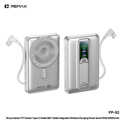 REMAX TFT Screen Type-C Cable 360°Holder Magnetic Wireless Charging Power Bank PD40W 10000mAh - FP-52