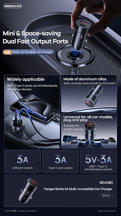 REMAX Tangee Series 3A 1A+1C Multi-compatible Car Charger - RCC361