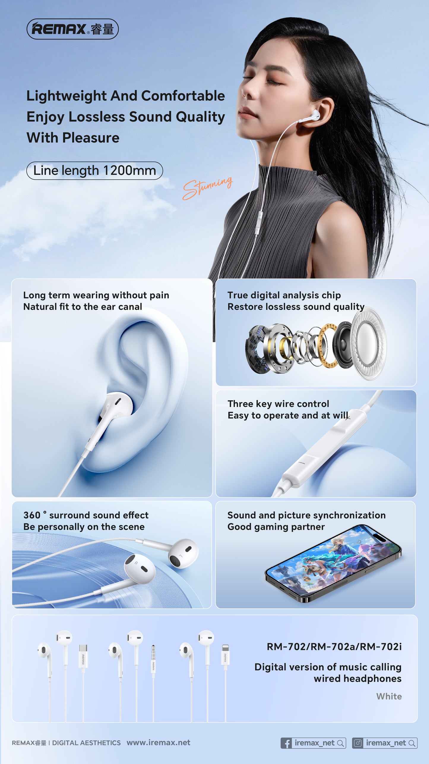 REMAX Wired Earphones, Plug & Play (Type-C/Lightning/3.5mm) - RM-702