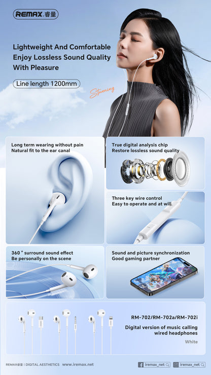 REMAX Wired Earphones, Plug & Play (Type-C/Lightning/3.5mm) - RM-702