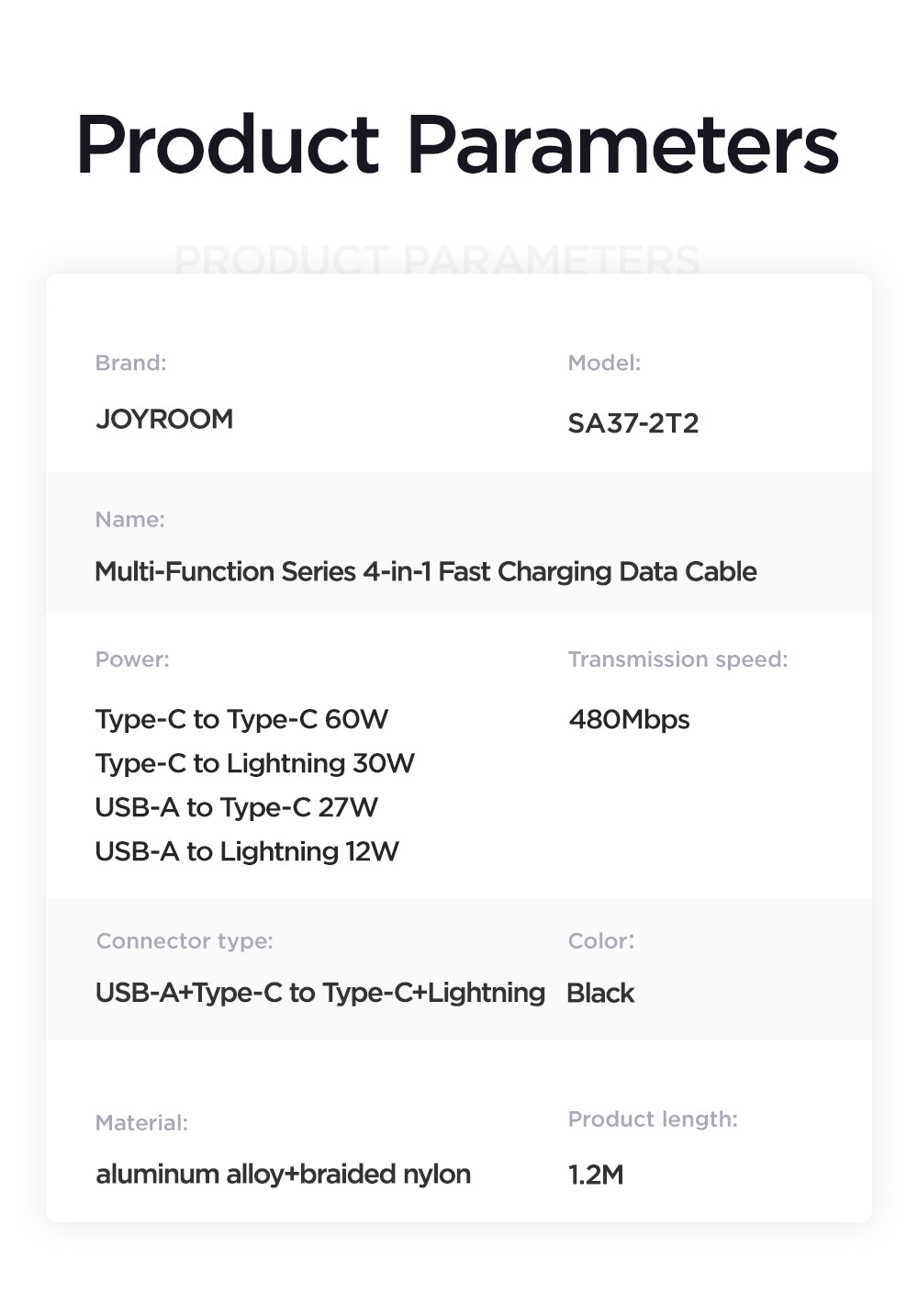 JOYROOM 60W 4-in-1 Fast Charging Data Cable (USB-A/USB-C/Lightning) 1.2M SA37-2T2