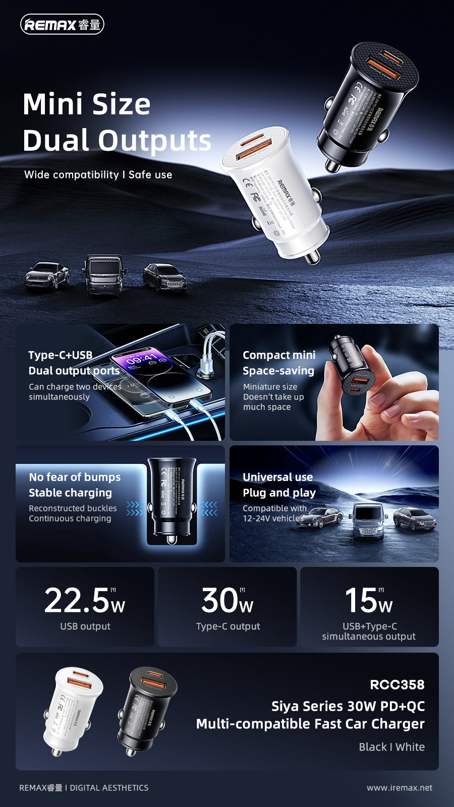 REMAX Siya Series 30W PD+QC 1C+1A Multi-compatible Fast Car Charger - RCC358