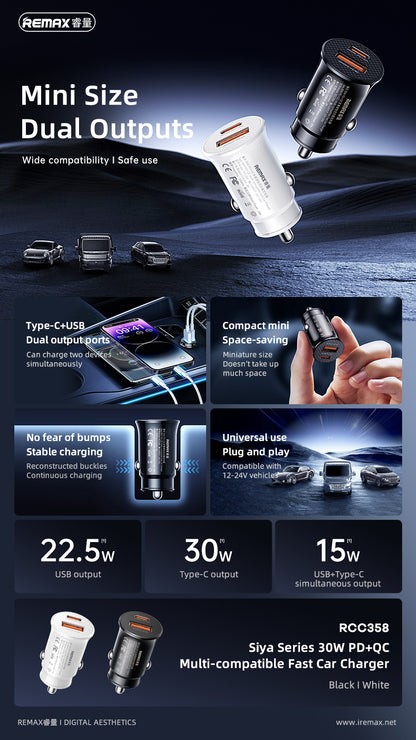 REMAX Siya Series 30W PD+QC 1C+1A Multi-compatible Fast Car Charger - RCC358