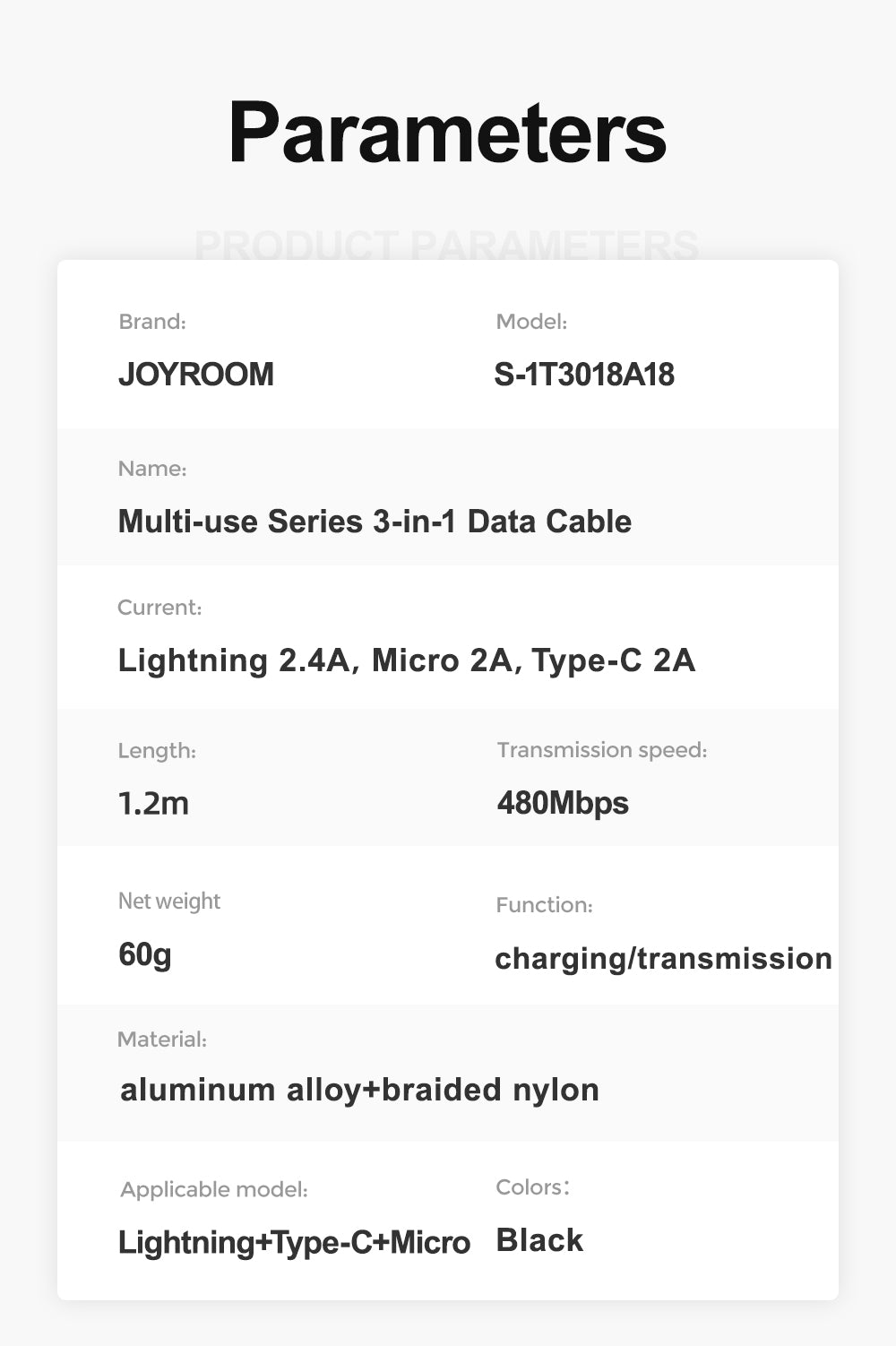 JOYROOM Braided 3-in-1 Cable (USB-A to Lightning+USB-C+Micro) 3.5A 1.2M - S-A18