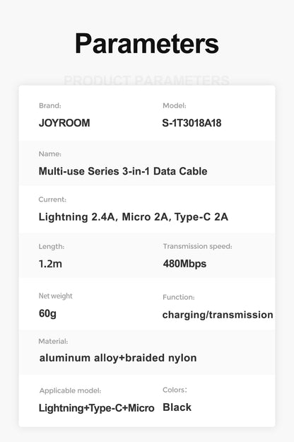 JOYROOM Braided 3-in-1 Cable (USB-A to Lightning+USB-C+Micro) 3.5A 1.2M - S-A18