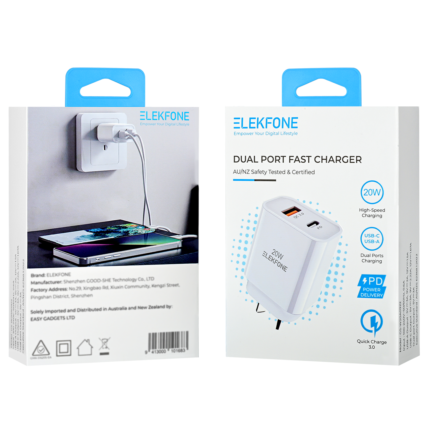 ELEKFONE Fast Wall Charger 20W Dual Port USB-A and Type-C SAA Certified - C1