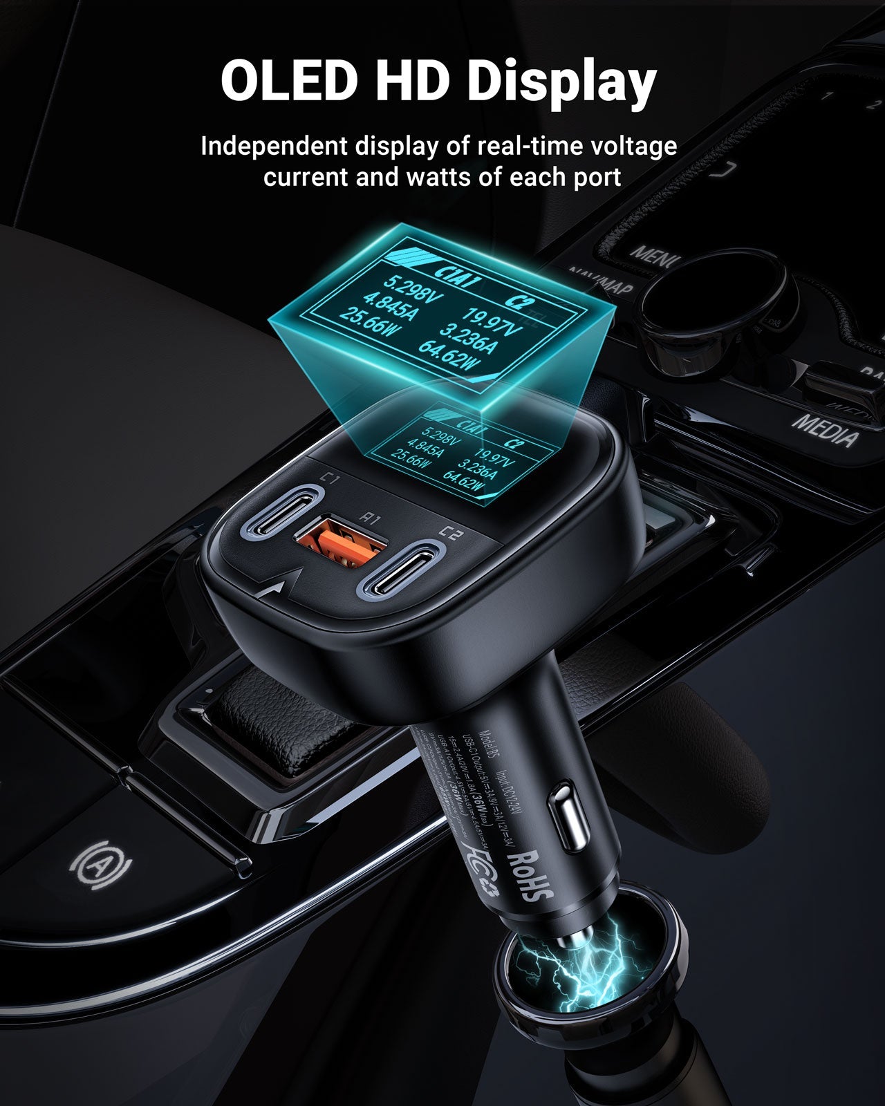 ACEFAST Fast Car Charger 101W 3 Ports with Voltage Display